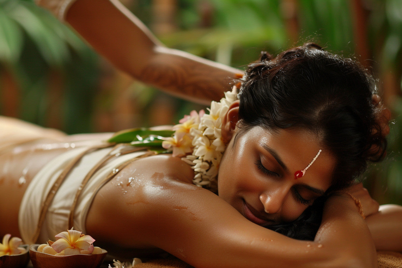 Woman receiving a beautiful ayurvedic massage with Shankara body oil.