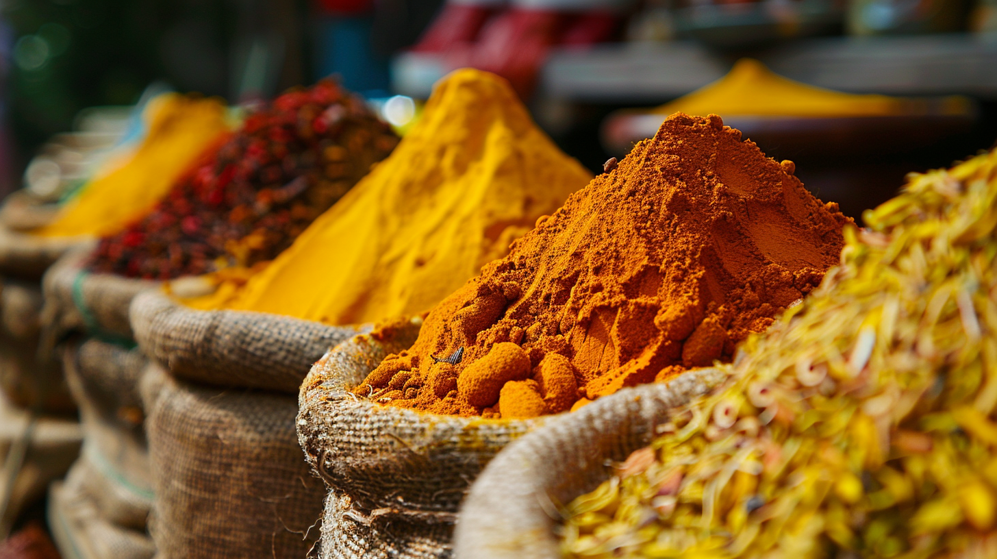 turmeric and other ayurvedic powdered herbs in sacks