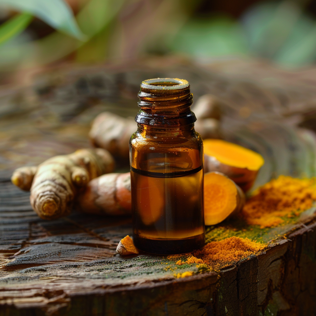 bottle of turmeric essential oil, photo shot in nature.