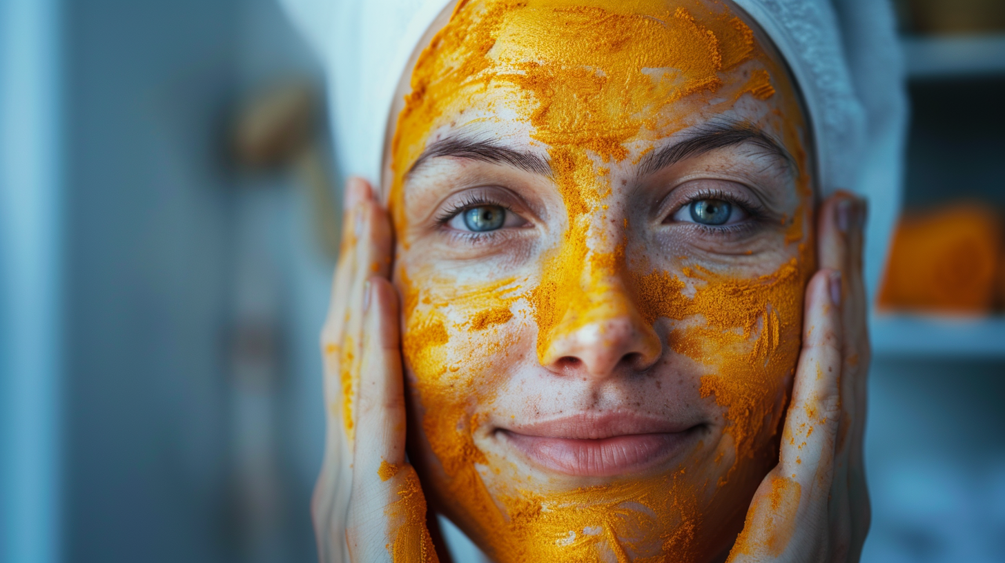 Naturally glowing white woman applying turmeric to her face before shower