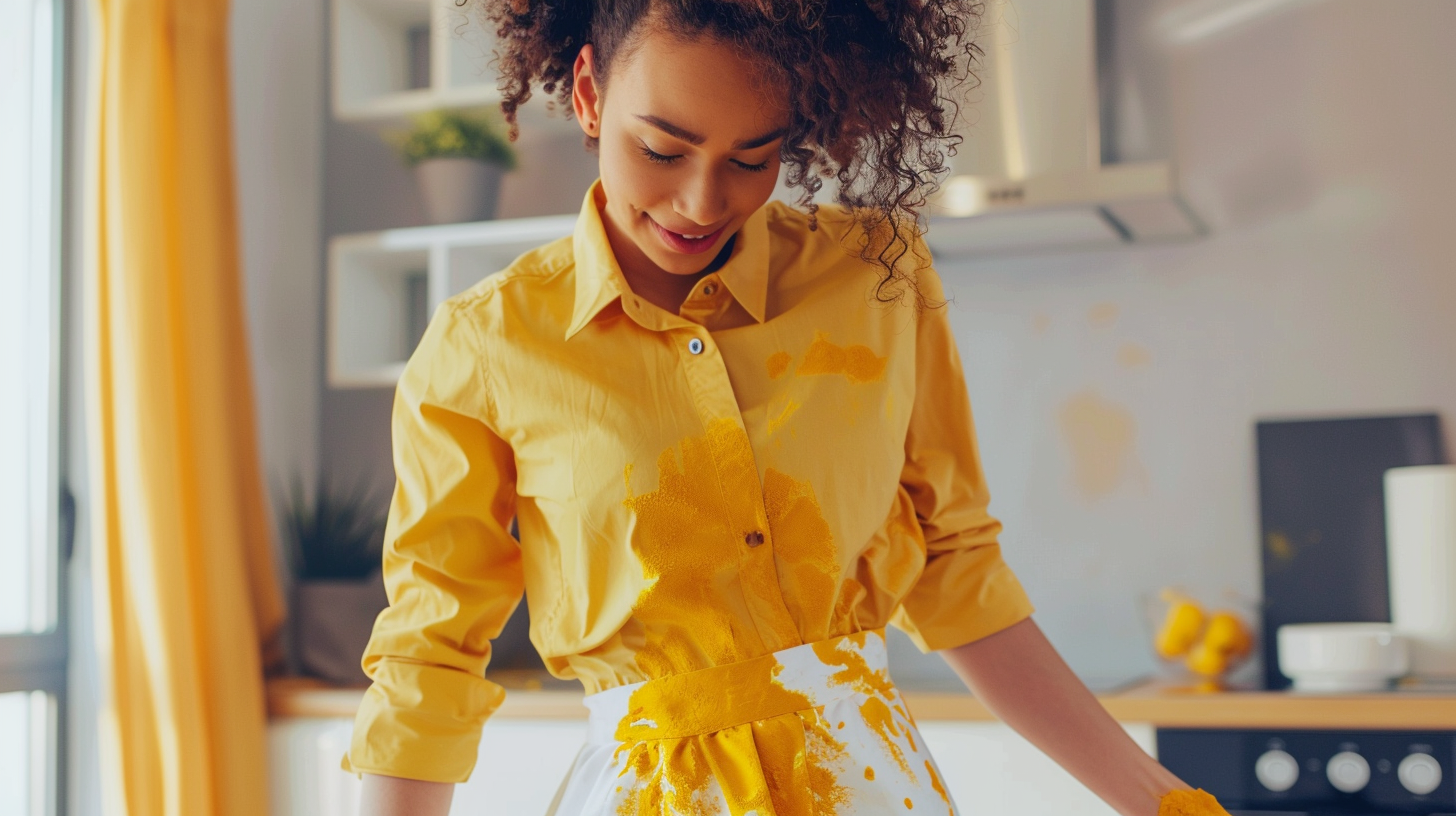 woman stains formal dress accidentally.