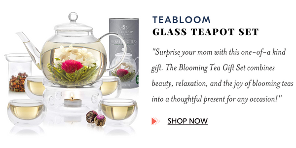 Teabloom Glass Teapot Set - Surprise your mom with this one-of-a kind gift. The Blooming Tea Gift Set combines beauty, relaxation, and the joy of blooming teas into a thoughtful present for any occasion!