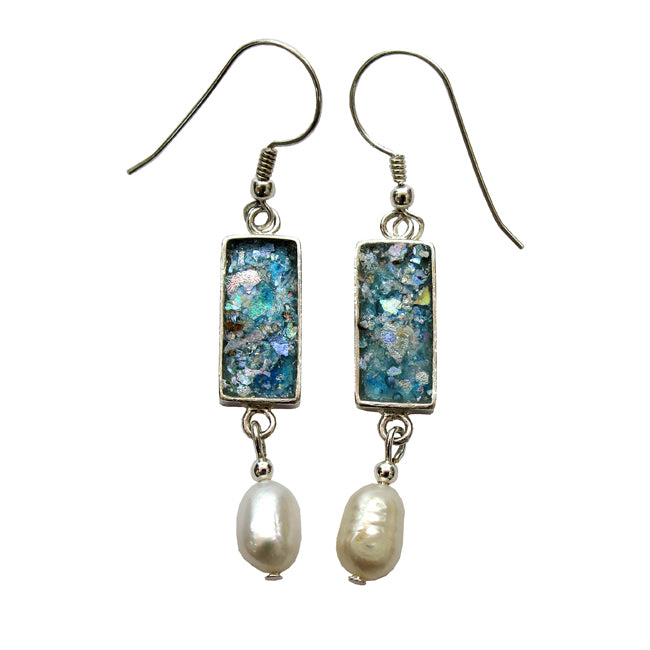 Billede af Aflange øreringe med perler og romersk glas