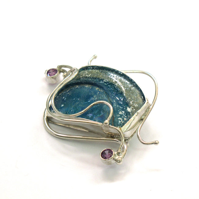 Håndlavet broche smykke med lilla Zirkoner og romersk glas