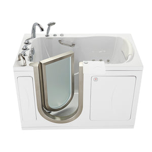 Ella Royal 32"x52" Acrylic Hydro Massage Walk-In Bathtub with Left Inward Swing Door, Heated Seat, 5 Piece Fast Fill Faucet, 2" Dual Drain, 24” wide seat, 2 stainless steel grab bars, 360° swivel tray, Brushed stainless steel and frosted tempered glass door in a white background