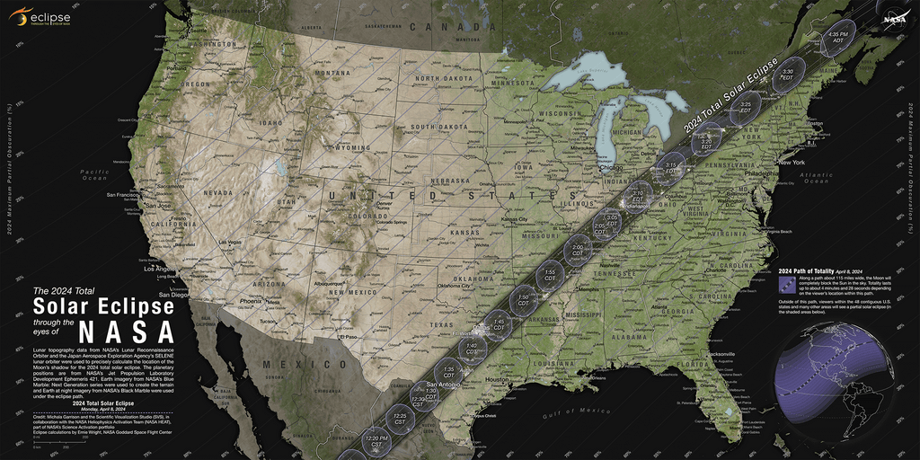NASA Solar Eclipse Map for April 8 2024