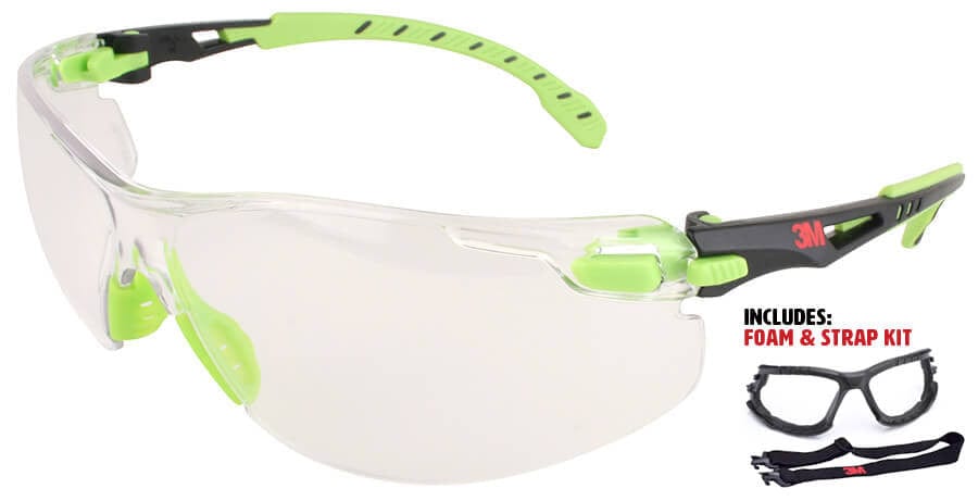 3M Solus Safety Glasses Green Temples Clear Anti-Fog Lens