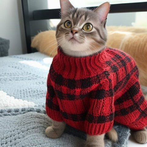 chat portant un plaid tricoté confortablement installé sur un plaid tricoté