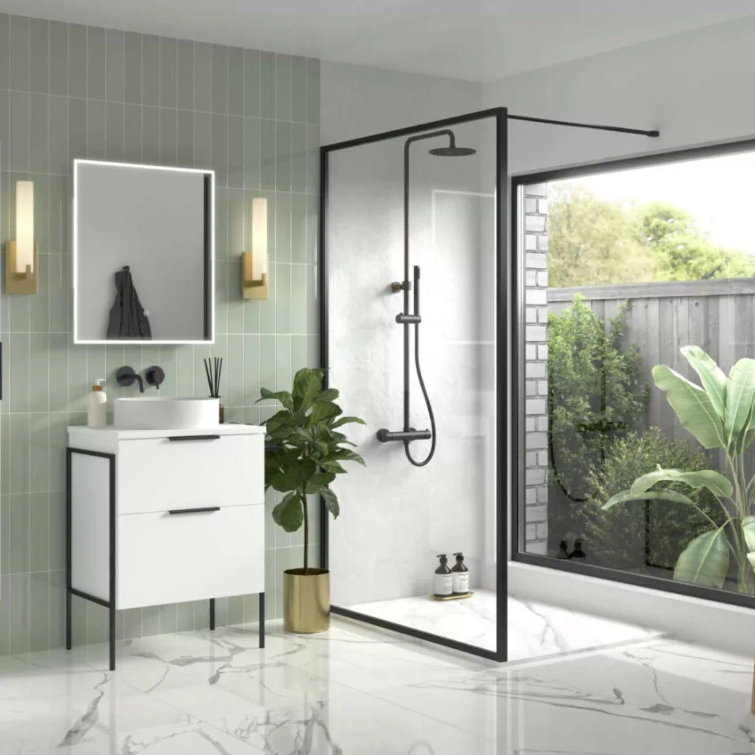 tissino shower tray in a bathroom, walk in shower with shower tray is next to a window, lifestyle image