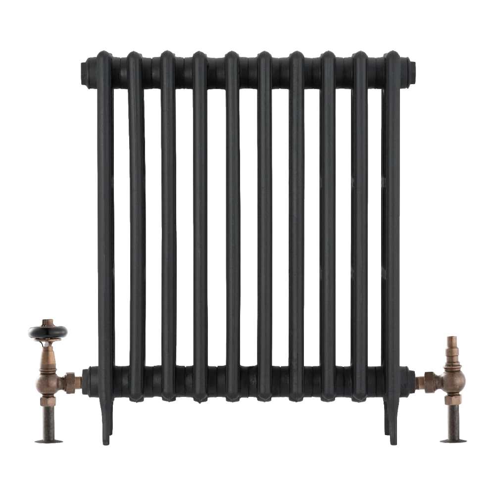 Arroll Cast Iron Radiator in colour Black with Arroll UK28 Traditional Thermostatic Radiator Valve TRV, Wooden Head & Lockshield in Antique Copper finish