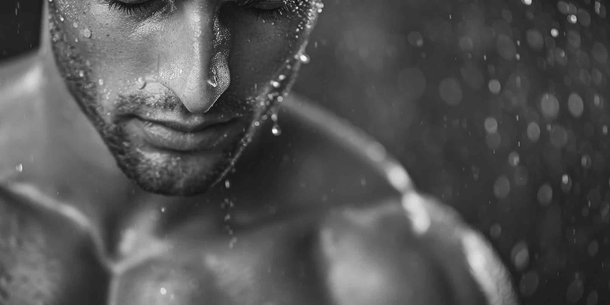 Close-up, black and white photo of a man's face partially covered with water droplets, reflecting a mood of refreshment or cleansing. This image repersents the thoughtfulness of the results, and or process of men's Brazilian waxing services in Toowoomba, capturing a sense of purity and rejuvenation post-treatment.