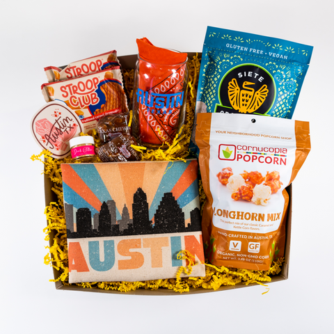 Austin, Texas-Themed Gift Basket with local Austin items. Available for pickup or delivery