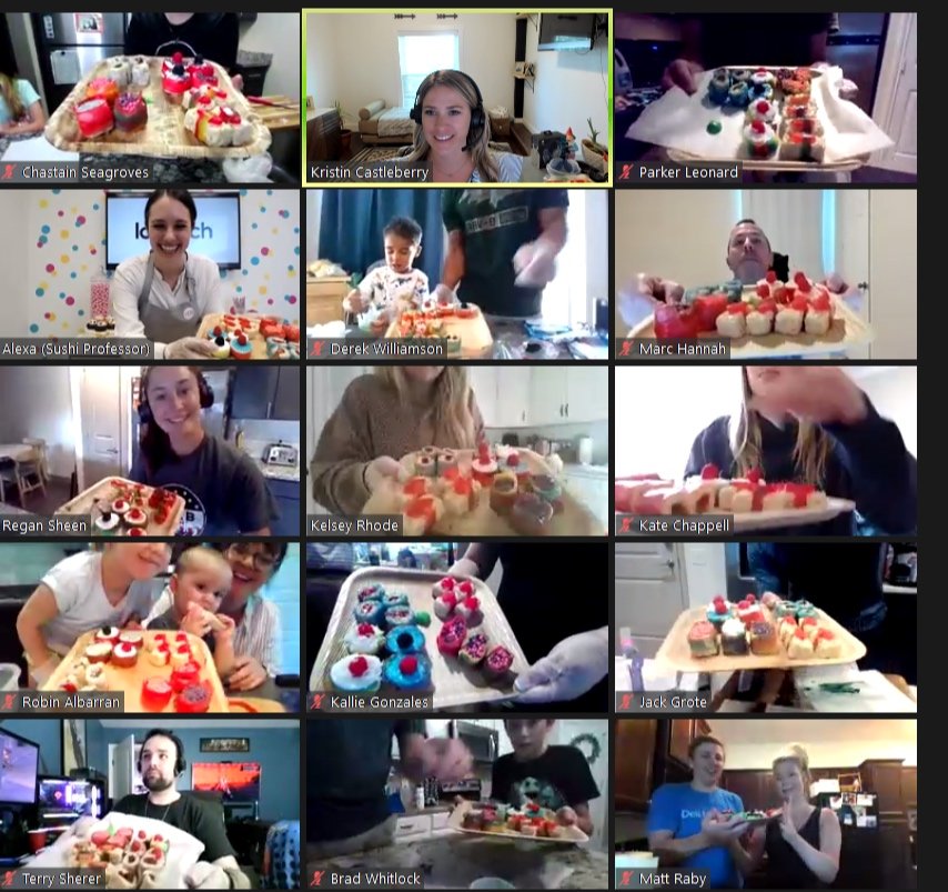 Screen of virtual class participants with their finished candy sushi