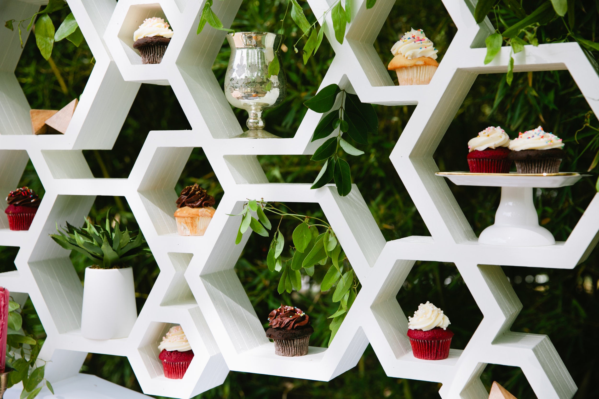 Cupcake and greenery in white hexagonal backdrop piece