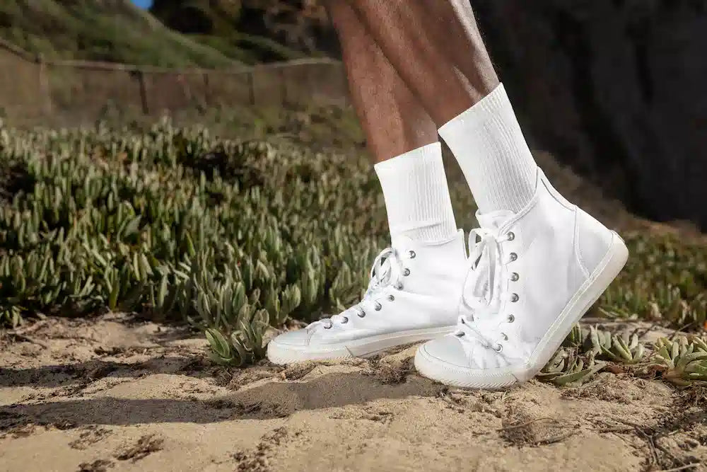 Person wearing white high-top sneakers and white socks standing on sandy ground with green succulents in the background.