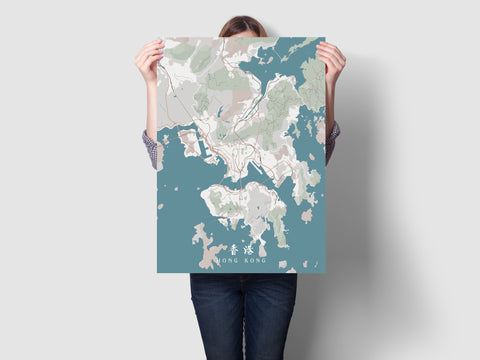 person holding comic style hong kong map poster to demonstrate size