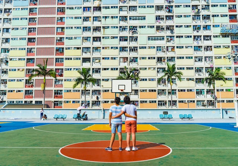 Products Colourful Jigsaw Puzzle of Famous Choi Hung Estate Rainbow Estate people standing on the basketball court