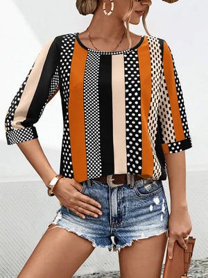 Striped Polka Dot Crew Neck Top - Glamour By Design Boutique