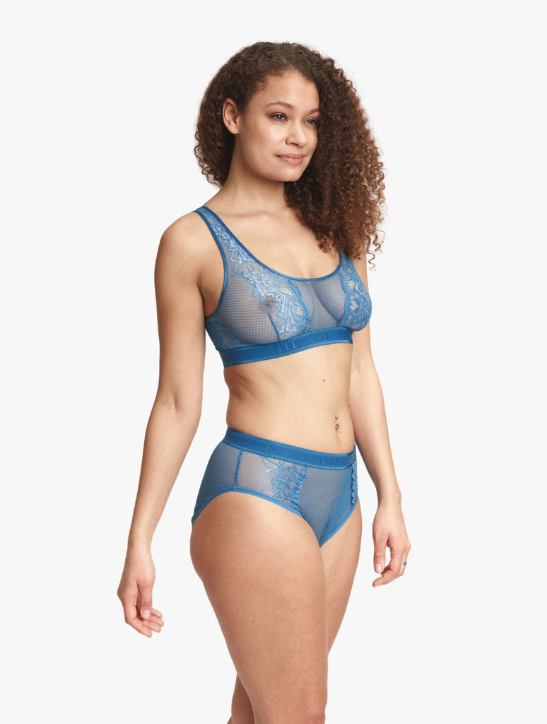 ELLE 24/7 Lace Triangle Bralette & High Waisted Brief Set - Blue