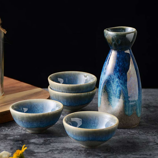 TEANAGOO Ceramic Sake Set with Warmer Pot Bamboo Tray, 10pcs/Set. T2  Regular Kraf Box Safe Packing, Sake Carafe(6 Oz) with 6 Sake Cups (0.9 Oz)  for