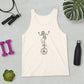 Tank top with retro unicyclist design shown with work out gear. 