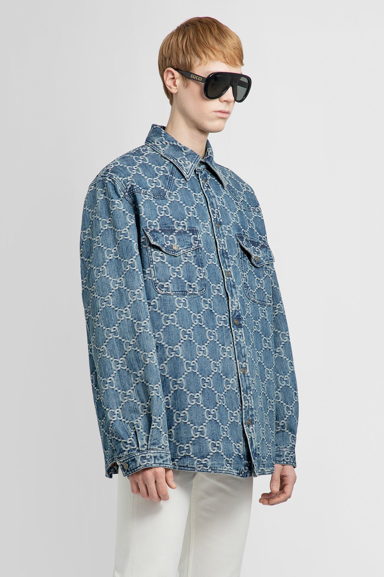 GG jacquard denim shirt in blue and white