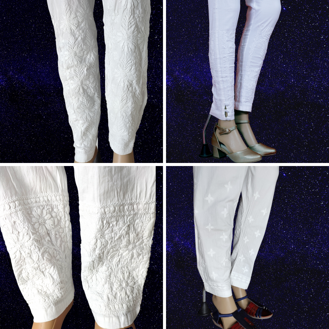 Buy Veersons Chikankari/Chikan Work Hand Embroidered Cotton Lycra Straight Stretchable  Pants with Pockets for Women/Girls, Lucknow Embroidery Cigarette/Formal Trouser  Pant ( Free Size, White, Design 2) at Amazon.in