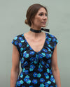 Blue Daisy Print Dress | Gilly Ruched V-neck Fit & Flare Soft Jersey Midi Dress
