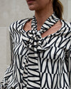 The Pippa Blouse | Black & Cream Abstract Print Silky Bow Blouse