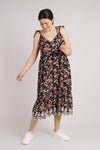 Black Floral Sundress | Natalia Softly Gathered Strappy Dress with Broderie Anglaise Flounce.
