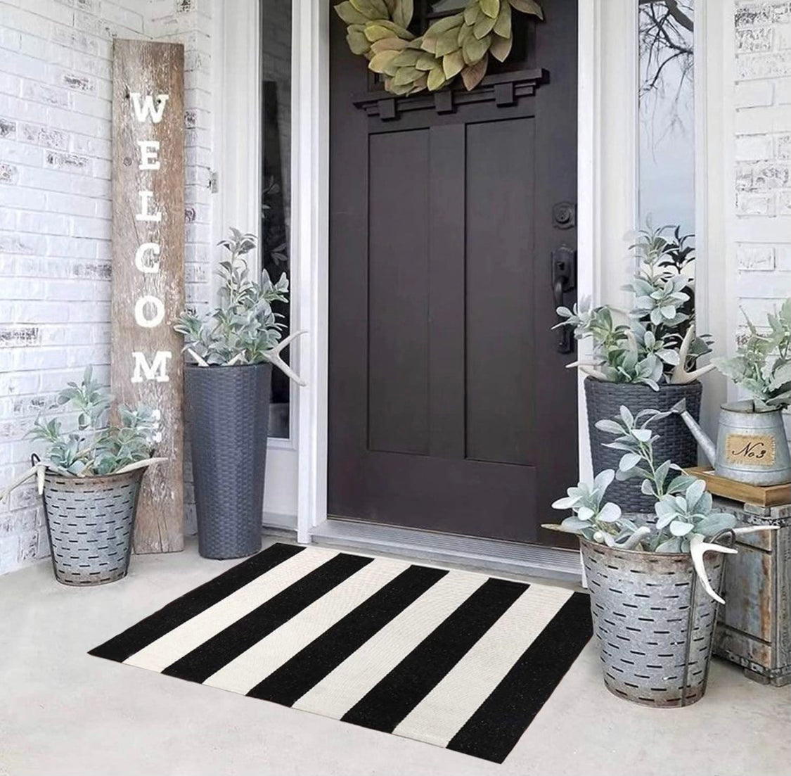 Black and Cream Rug, Doormat Layering Rug, Boho Rug, Small Scatter Rug,  Outdoor Entry Mats, Black Area Rug, Boho Porch Decor, Nickel Designs 