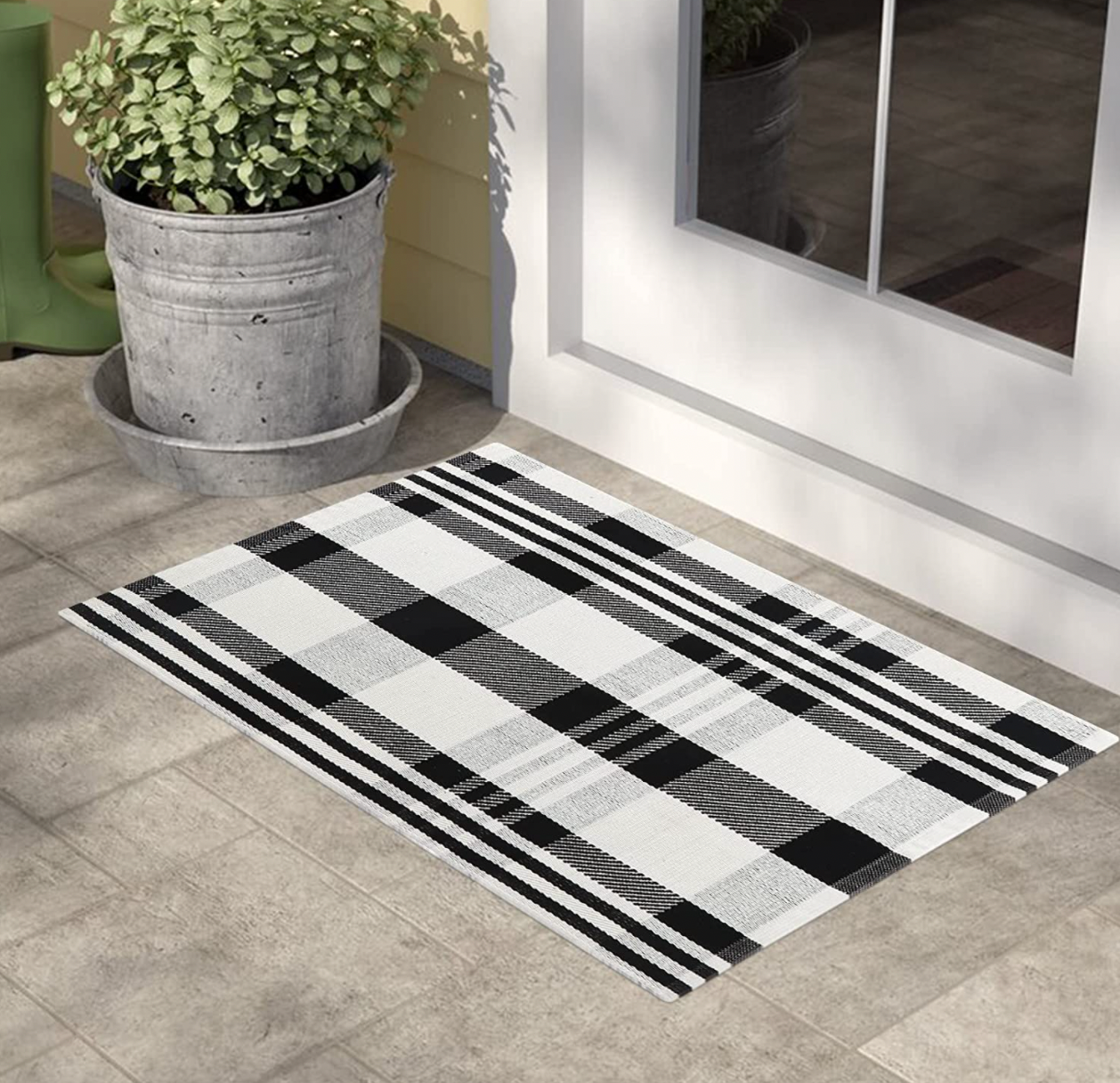 Black and White Striped Rug Layered Door Mat Underlay Accent Rug