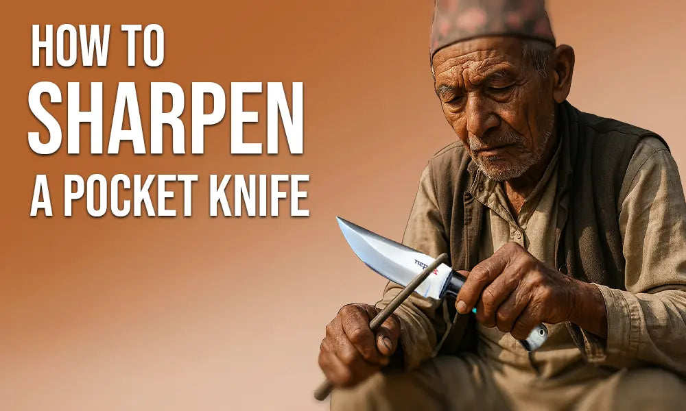 An old man sharpening a pocket knife with text entitled : How to sharpen a pocket knife