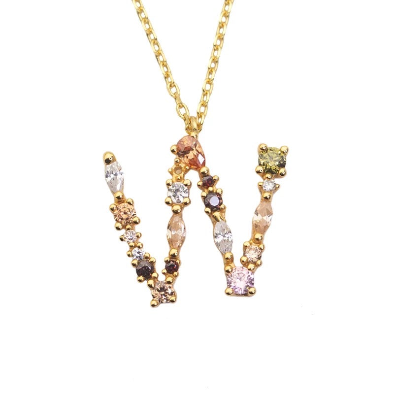 W Initial Pendant Necklace with Crystals in Gold