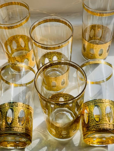 Mid Century Tom Collins Glasses With Alternating Gold and Frosted Glass  Bands- Set of 6