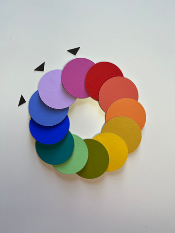 photo of a colour wheel presented by circles painted in different colours and arranged in a ring shape
