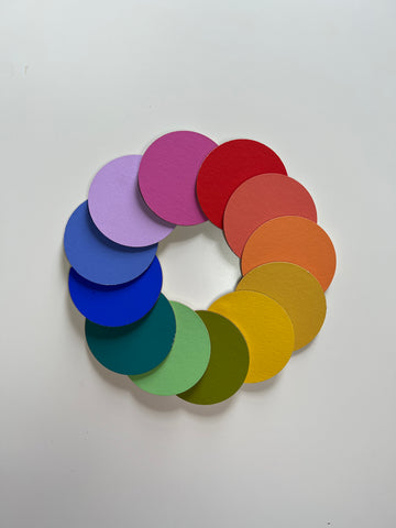 photo of the decorator's colour wheel presented by circles painted in various colours and arranged symmetrically in a ring shape