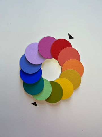 photo of a colour wheel presented by colourful circles painted in different colours and arranged in a symmetrical ring shape