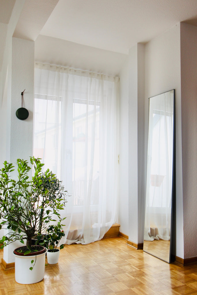 Bright and airy living room window corner with wooden floor and a plant