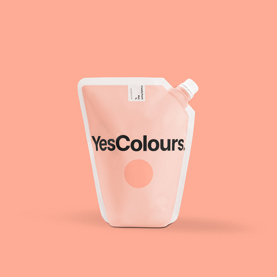 Photo of YesColours Friendly Peach paint pouch placed in front of a peach background