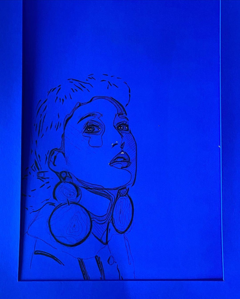 Illustration of a woman's face and chest created on a surface painted with YesColours Electric Blue colour