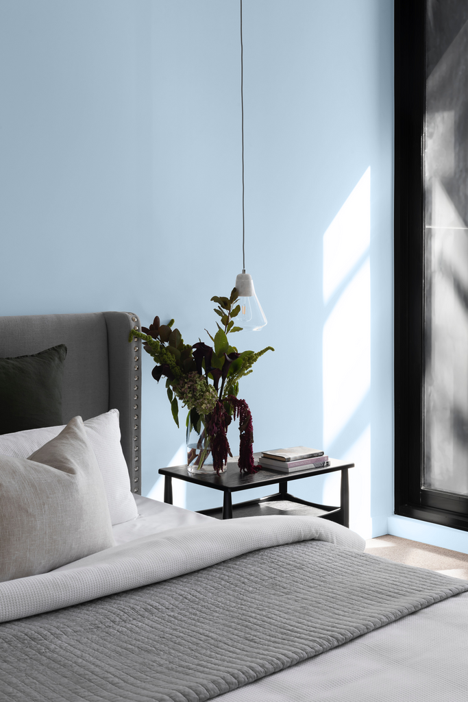 Dark grey bed with white and grey bedding, posed next to a bedside table with green plants and books on top, photographed in front of a light blue paint background