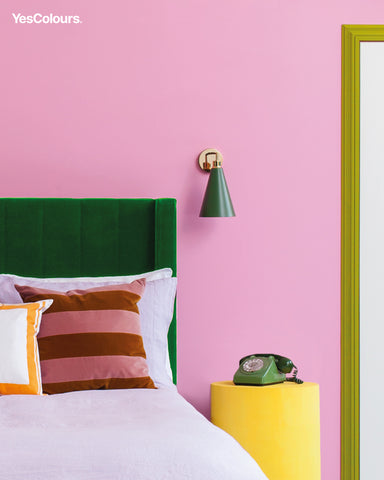 Pink and green paint combination - side of bed with cushions