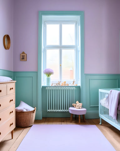 photo of a nursery with walls painted in lilac and wooden panelling painted in mint green colour, with a sleeping cot on the right side, mint green radiator in the middle and a wooden dresser on the left