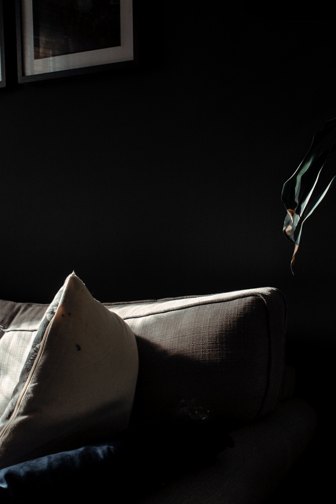 Close up shot of a sofa in a light grey colour with the sun reflecting on it, photographed in front of a dark wall painted in a deep pitch black colour