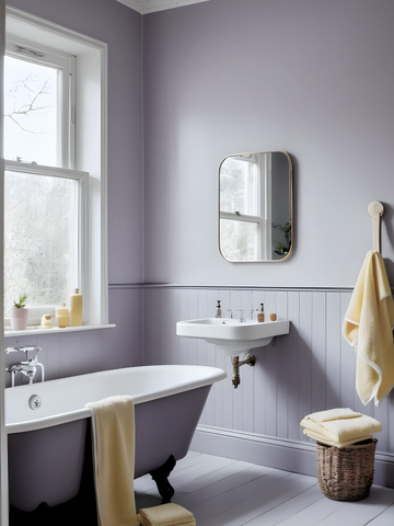 A bright and airy bathroom painted in a pale cool lilac colour and decorated with yellow bathing accessories