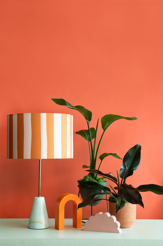 photo of a philodendron surrounded by geometric shapes in orange and pink and a table lamp with wooden base and stripy lampshade in orange and white and a muted orange background behind everything