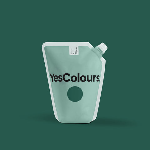 photo of a pouch with logo 'yescolours' photographed on a plain dark green background