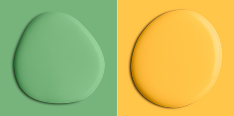 design of two paint colour blobs in the shapes of imperfect circles, a muted grass green on the right and a muted mustard yellow on the left