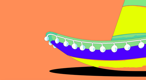 A digital illustration of a traditional Mexican sombrero in yellow, green and blue stripes, with a black shadow coming underneath, all positioned on a bright orange background